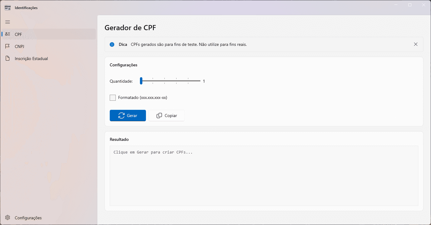 Interface do Aplicativo Identificações